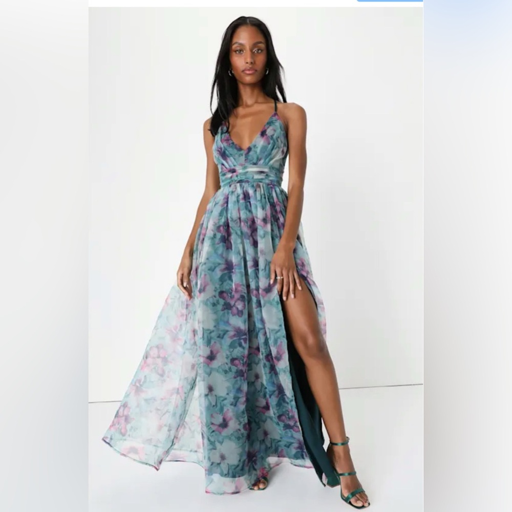 Lulus Romance That Wows Dark Teal Floral Print Organza Maxi Dress